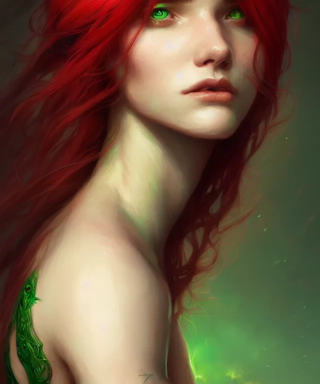 Image similar to Fae teenage girl, portrait, face, long red hair, green highlights, fantasy, intricate, elegant, highly detailed, digital painting, artstation, concept art, smooth, sharp focus, illustration, art by artgerm and greg rutkowski