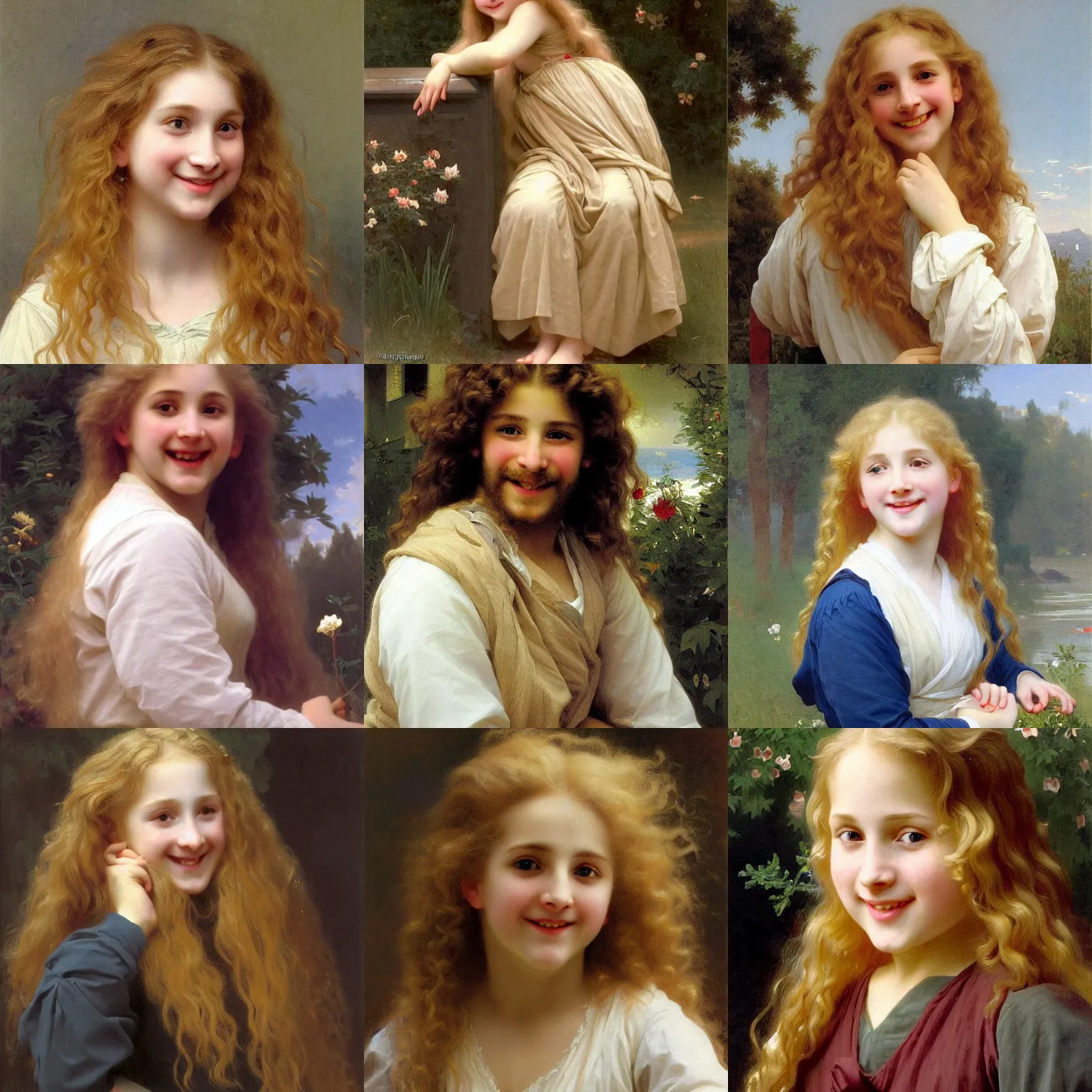 Prompt: Painting of otto seppalainen with long fluffy curly blond hair. beautiful long golden blonde hair. Young. Smiling. Happy. Cheerful. Art by william adolphe bouguereau. Very very very very very very very very very very very very much detailed. Beautiful. 4K. Award winning.