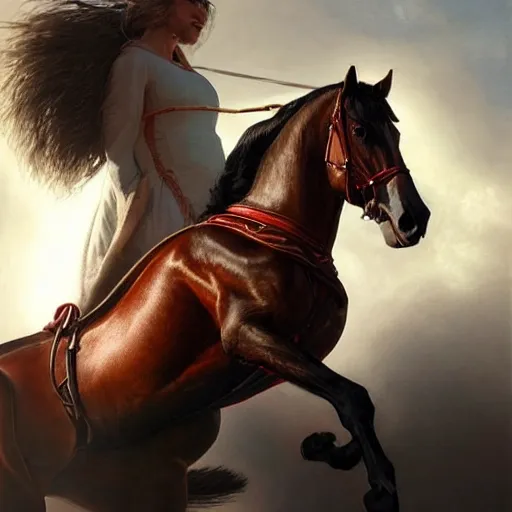Image similar to a resplendant impressive portrait of a noble horse rearing up. fantasy art, alex ross, heroic lighting, very very very beautiful raytraced rendering