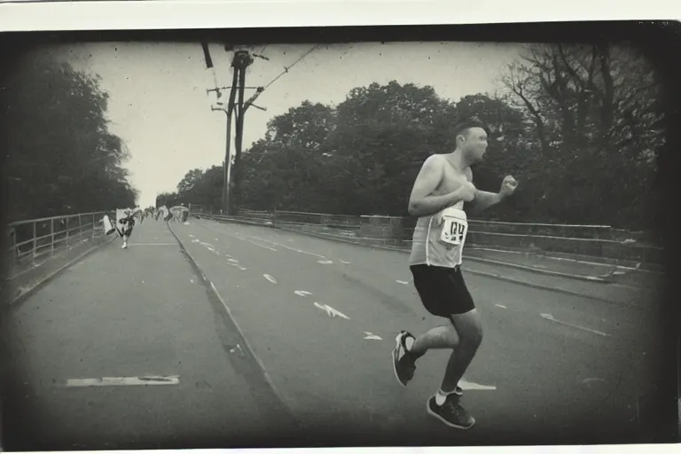 Image similar to dark old polaroid of a sad man running a marathon