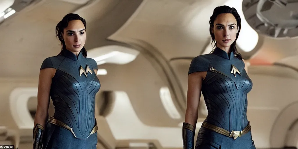 Image similar to gal gadot, in full starfleet uniform, is the captain of the starship enterprise in the new star trek movie