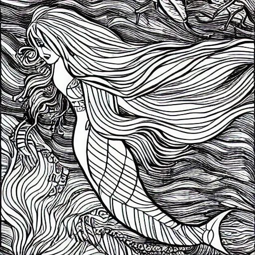 Prompt: Drawing for kids of a mermaid in the sea, line Art