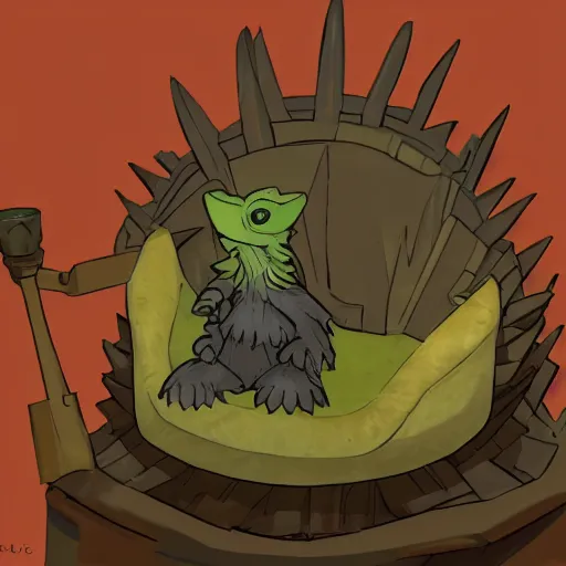 Prompt: the hatchling from outer wilds sitting on the iron throne of westeros