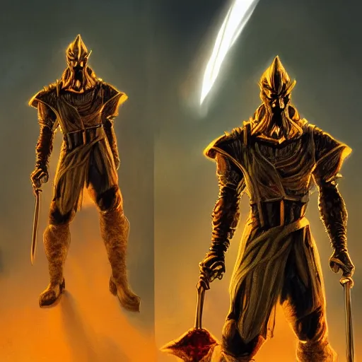 Prompt: Bright, colorful, realistic dark gritty individual elder scrolls morrowind golden saint full body backlighting, kodachrome, high contrast, highly detailed, sharp focus, digital painting, concept art, illustration, trending on artstation, comic book by Alex Ross cover art