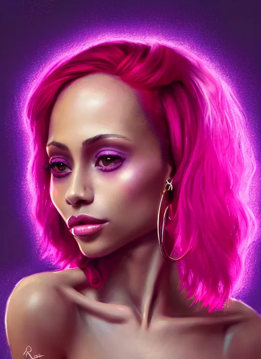 Image similar to portrait of vanessa morgan with bright pink hair, curly pixie cut hair, wearing a purple breton cap, breton cap, hoop earrings, intricate, elegant, glowing lights, highly detailed, digital painting, artstation, concept art, smooth, sharp focus, illustration, art by wlop, mars ravelo and greg rutkowski