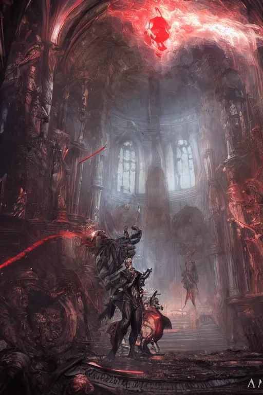 Image similar to Path of Exile, Sirius, bronze face, red eyes, male image with bronze black armor, sitting on the throne, inside the ruined gothic church, black shadows, dark red bloody fog fly around, [[blood]], Anachronism, painting, dark fantasy, steampunk, 4k, perfect quality,