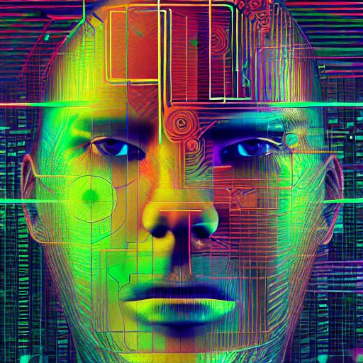 Prompt: portrait of abstract visual artificial intelligence face chromatic suit by Petros Afshar and Beeple, highly detailed