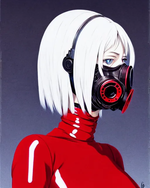 Image similar to white haired cyborg girl wearing a gas mask and red dress | | audrey plaza, fine detail!! anime!! realistic shaded lighting!! poster by ilya kuvshinov katsuhiro otomo ghost - in - the - shell, magali villeneuve, artgerm, jeremy lipkin and michael garmash and rob rey