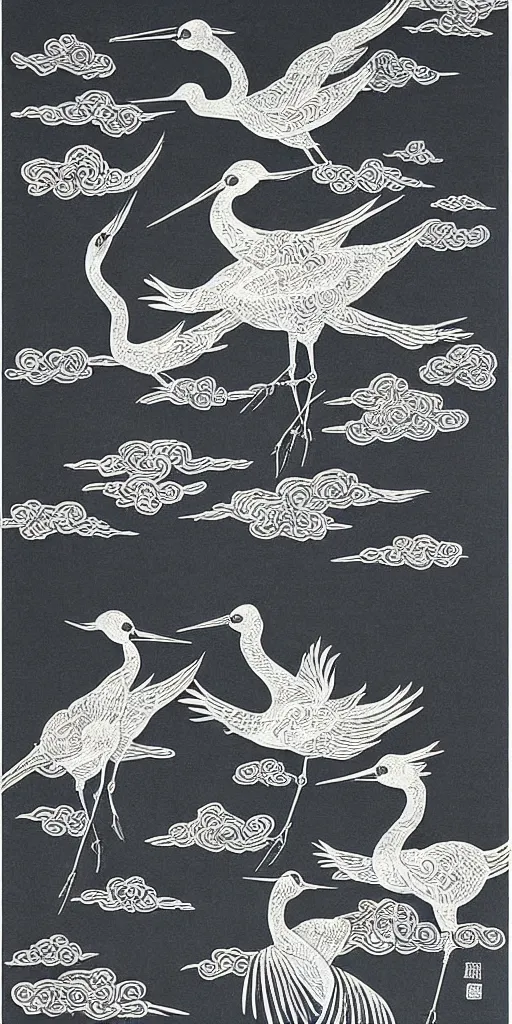 Image similar to black paper, an intricate old fashioned depiction of chinese crane, chinese auspicious cloud pattern surrounds it, symmetre, elaborate ink illustration by wu daozi, qiu ying