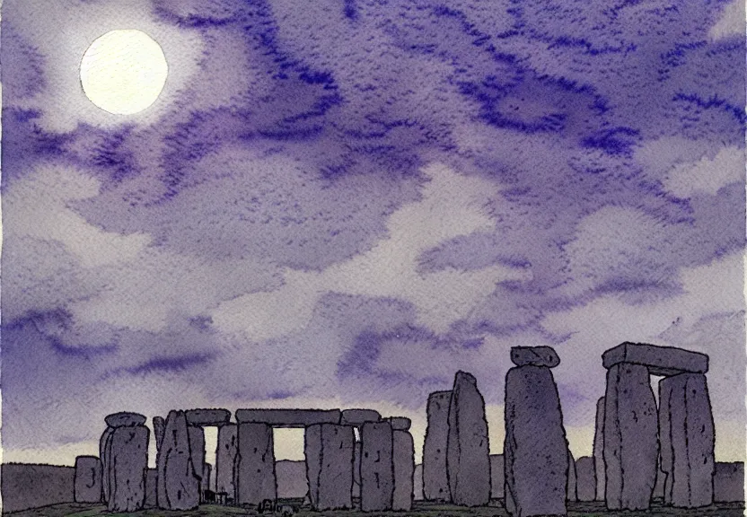 Image similar to a simple watercolor fantasy concept art of a giant dark grey cube floating in the air above stonehenge at night. by studio ghibli, rebecca guay, michael kaluta, charles vess