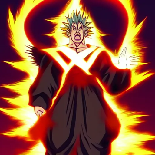 Image similar to jesus Christ on the cross going super saiyan, glowing, anime