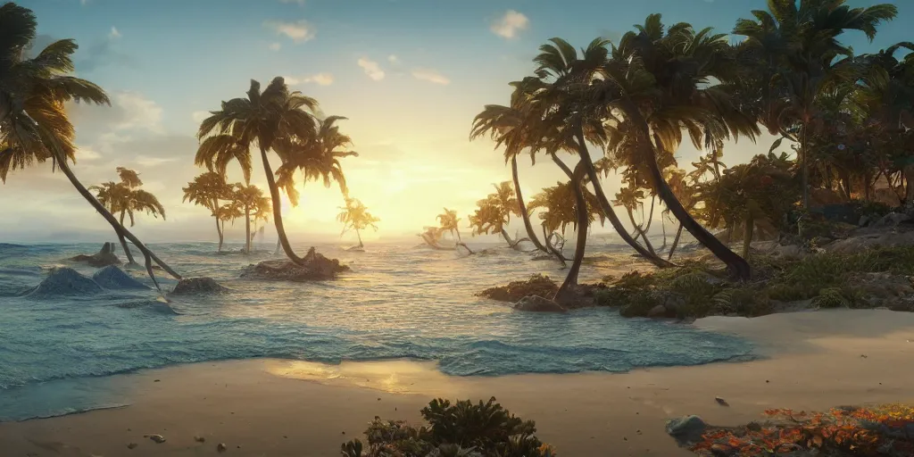 Prompt: landscape of a beautiful ocean with sand and fish and florescent coral and mangrove trees, with a little port town, art by artgerm and greg rutkowski and alphonse mucha, concept art, octane render, unreal engine 5, highly detailed, high quality, 8 k, soft lighting, realistic face, path traced