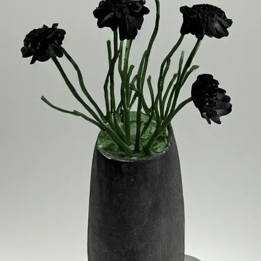 Image similar to earthy by maurice sendak, by dorothea tanning pitch black. a sculpture of a group of anemones in a vase