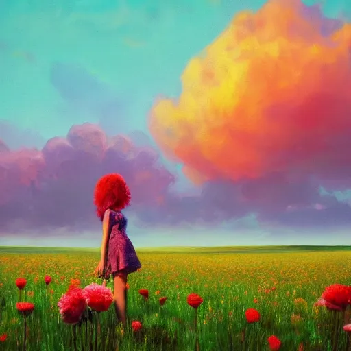 Image similar to head made of carnations flower, girl standing in a vast flower field, surreal photography, sunrise dramatic light, impressionist painting, colorful clouds, large sky, digital painting, artstation, simon stalenhag, flower face