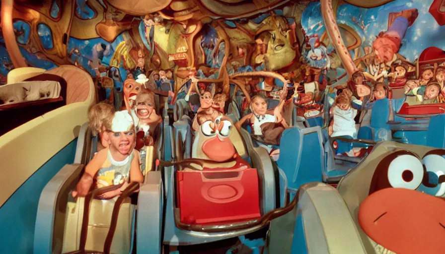 Prompt: 1990s photo of inside the Ren & Stimpy ride at Universal Studios in Orlando, Florida, children riding through the space ship episode with Log and soap , cinematic, UHD