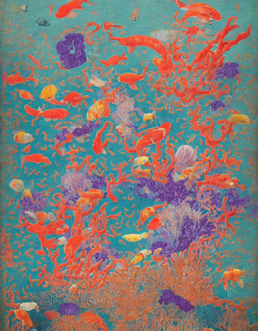 Prompt: transparent vase of coral in the sky and under the sea decorated with a dense field of stylized scrolls that have opaque purple outlines, with colorful shells and koi fishes, ambrosius benson, oil on canvas, hyperrealism, light color, no hard shadow, around the edges there are no objects