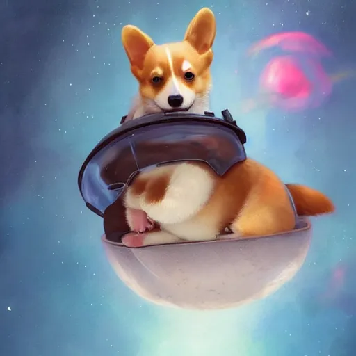 Prompt: the most adorable corgi puppy, floating in outer space, extremely realistic, very lifelike, highly detailed, beautiful digital illustration by artgerm, moebius, greg rutkowski, ruan jia, simon stalenhag, makoto shinkai, rossdraws, trending on artstation, pixiv, 8 k