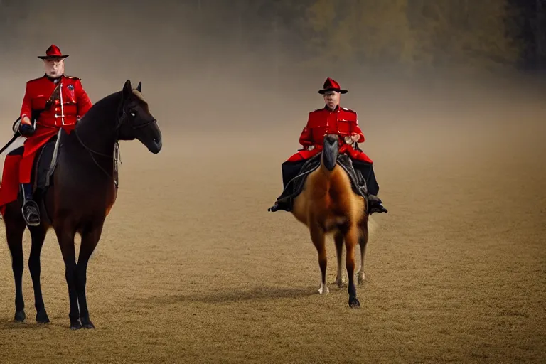 Image similar to A Canadian goose in a mountie outfit riding a horse, National Geographic, photo, cinematic, 8k