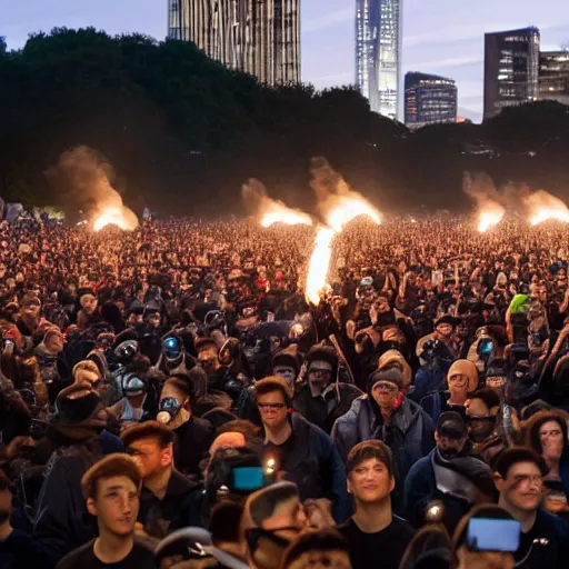 Image similar to 4 k wide angle gigantic army of mark zuckerberg robots during a protest with torch lighting at dusk