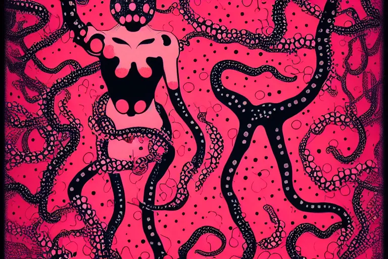 Prompt: a female body with octopus suction cups by yayoi kusama rending on cgsociety, retrofuturism, reimagined by industrial light and magic, darksynth, sci - fi