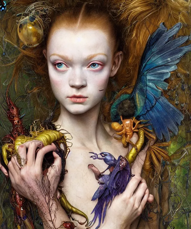 Image similar to a portrait photograph of a harpy olympic swimmer with slimy skin being transformed into a beautiful alien. she looks like sadie sink and is wearing a colorful infected sleek organic catsuit. by donato giancola, hans holbein, walton ford, gaston bussiere, peter mohrbacher and brian froud. 8 k, cgsociety, fashion editorial