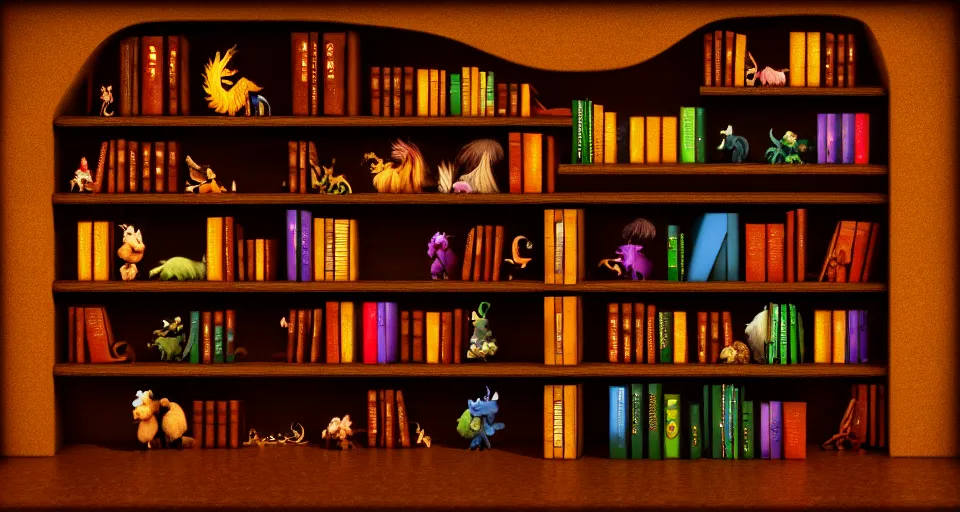 Prompt: a bookshelf of wonderful magical creatures, cinematic lighting, detailed, 4 k