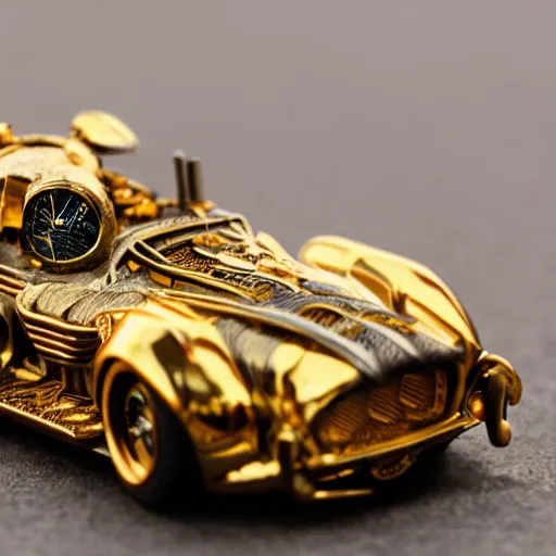 Prompt: 5 5 mm photo of metallic gold steampunk shelby like hot wheels model with a london city as background