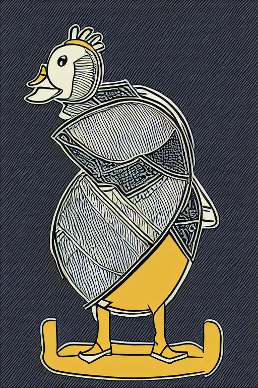 Image similar to a vector based illustration about a duck that is a knight in the style of die cut sticker, negative space is mandatory, no gradients, black ink on white background, smooth curves, vector spline curve style