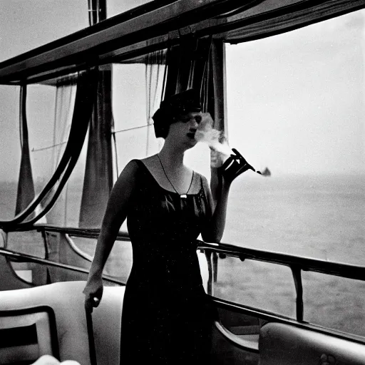 Prompt: An elegant lady smoking a cigarette on the deck of a 1930s cruise ship. Film Noir still frame, dramatic lighting, high contrast