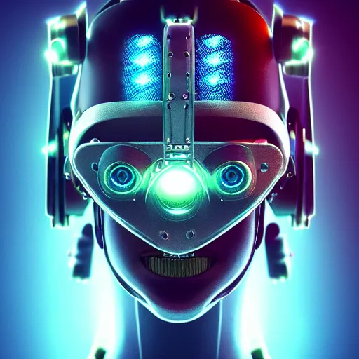 Prompt: photoreal close face portrait of a futuristic intricate angry robot in a infinity server bunker of singularity, intricate malfunctioning open circuits, glittering light leaks, harmonic electromagnetic waves, blue glowing agressive led eyes, wearing a very bionic intricate wwii combat flight mask and goggles, octane render, trending on artstation, cyberpunk, dystopia tokyo, by aardman entertainment