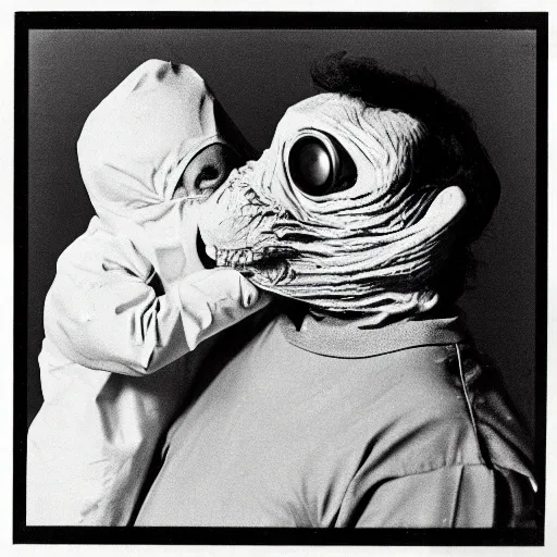 Image similar to closeup color 30mm film movie photograph of a 70-year old doctor wearing a surgical mask being smothered by a dangerous shape shifting alien creature, with multiple mutated snarling drooling human faces with a grotesque variety of gorey human and animal limbs protruding from its lower torso 1982