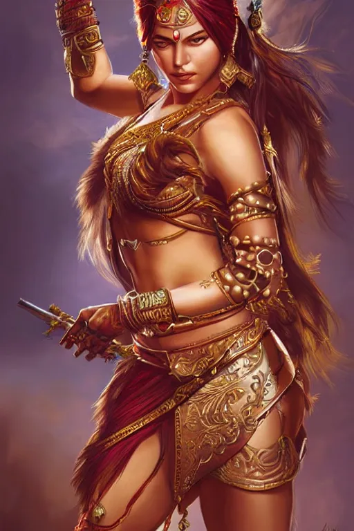 Prompt: Indian warrior princess, intricate detail, ornate, conceptual art, soft light, dynamic, art by artgerm