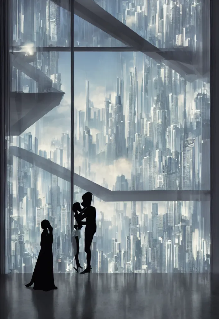 Image similar to silhouette of hugging couple in a futuristic appartment, window with a futuristic city, rossdraws, global illumination, radiant light, detailed and intricate environment