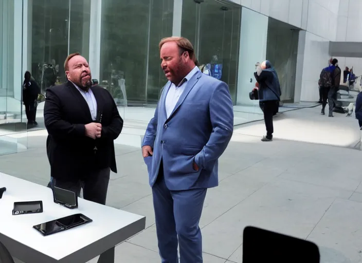 Image similar to dslr photo still of infowars host alex jones in a blue suit fat grey beard and mustache in an!!! apple store trying talking to an employee in a panic!!!, 5 2 mm f 1. 8