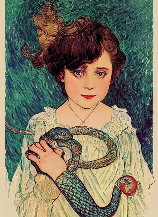 Prompt: an art nouveau copic maker illustration of a russian young girl holding a snake by kilian eng, monet and norman rockwell