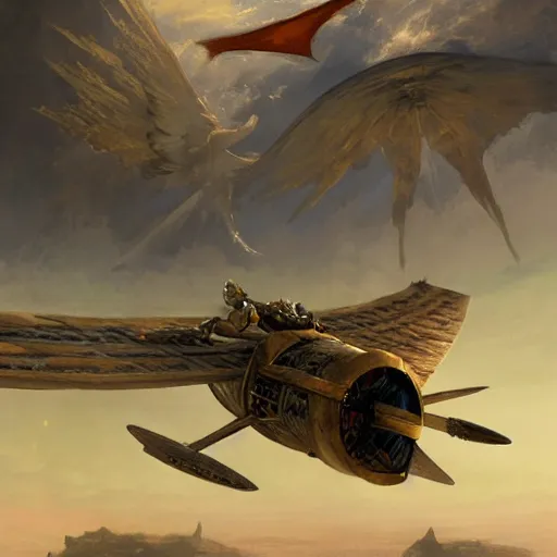 Image similar to a medievalpunk flying vehicle, matte painting, by thomas Cole, James Gurney, Craig mullins, RHADS, Trending on Artstation