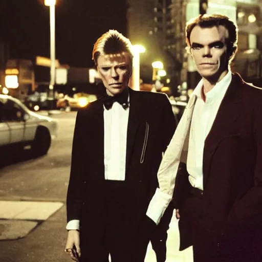 Image similar to David bowie and Michael c hall standing in the streets, nightlife, cityscape, surrealist