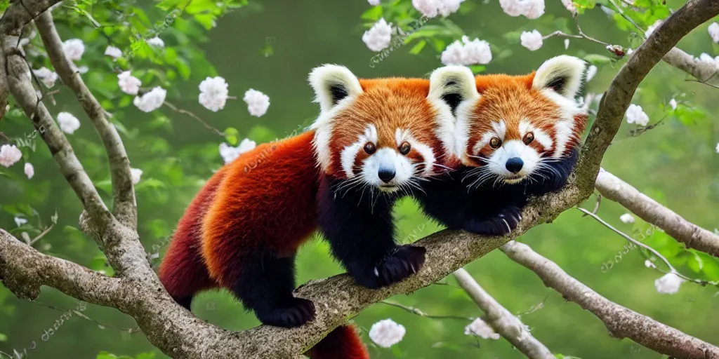 Image similar to a red panda in a serene forest, cherry trees Japanese forest, beautiful landscape