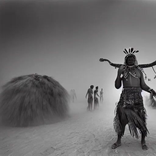 Prompt: an indigenous snake feathered shaman guiding a crowd of spiritual healers through sandstorm, sebastiao salgado