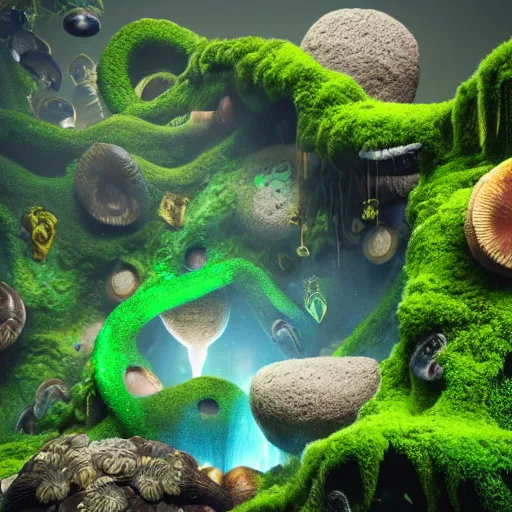 Image similar to mythical gigantic space cavern, ultra realist 3 d render curiosities carnival pond vegetation rocks mushrooms and tentacles covered moss, luminescent wisps, stunning waterfall, accurate features, focus, very intricate ultrafine details, random volumetric lighting, fog, award winning masterpiece, octane render 8 k hd, artstation