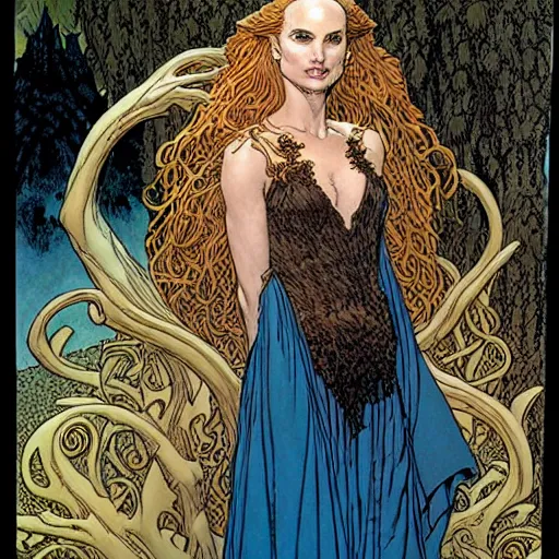 Image similar to a portrait of natalie portman as a druidic wizard by rebecca guay, michael kaluta, charles vess and jean moebius giraud