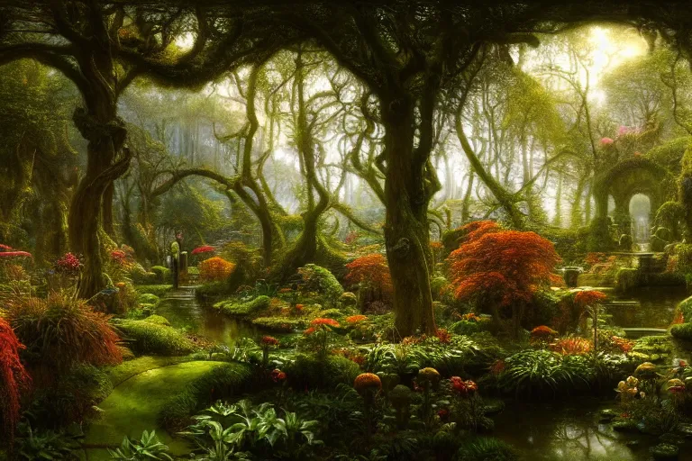 Image similar to a beautiful and highly detailed matte painting of a beautiful garden in a mystical forest, psychedelic, intricate details, epic scale, insanely complex, 8 k, sharp focus, photorealism, artstation, cgsociety, by caspar friedrich, albert bierstadt, james gurney, brian froud,