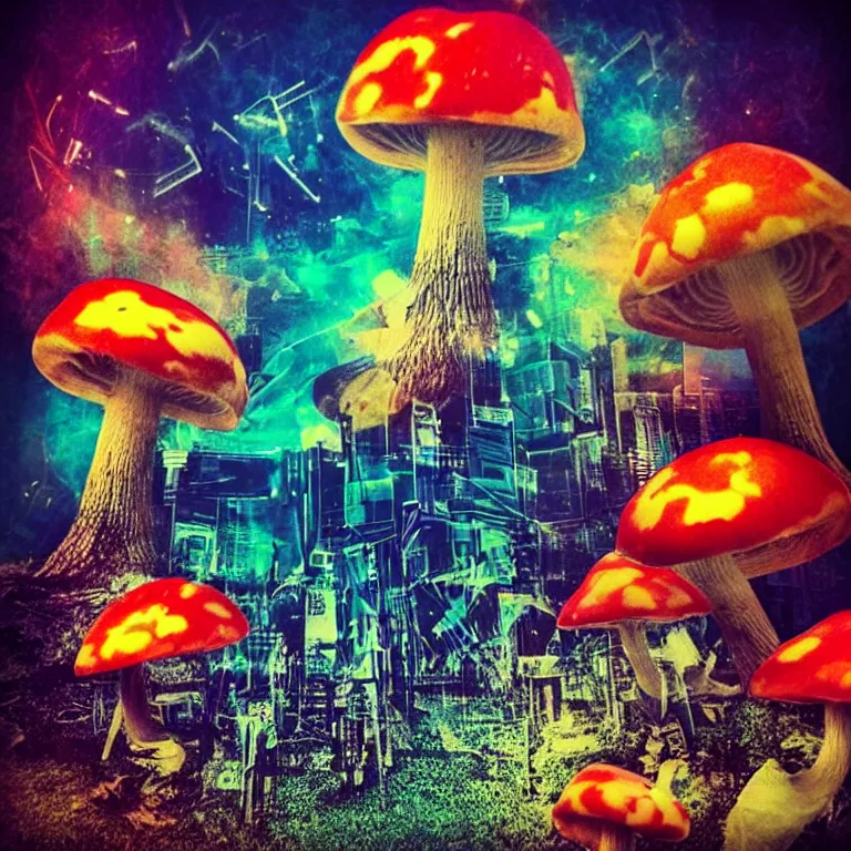 Image similar to double exposure of dally life, symbols of live, explosion, cyber mushroom city, love is the most relevant theme, love is infinity, love is begin of all, 8 k resolution, artistic mode, artistic, trending on instagram, long exposure, love art, serious, fantasy and dreams vibes, mushrooms style and macro style, colorful picture