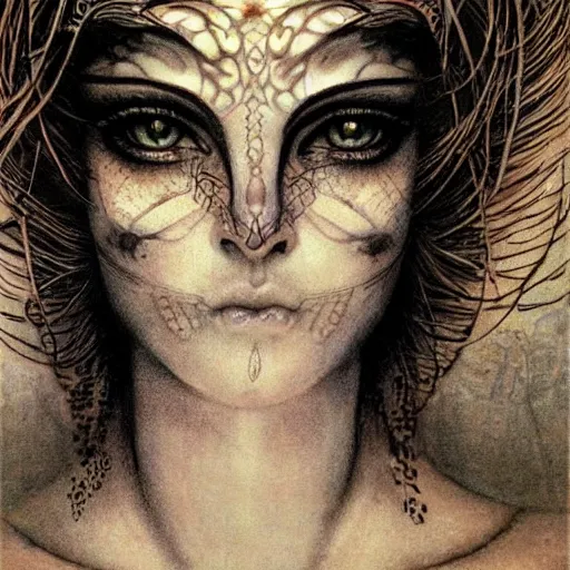 Image similar to Extreamly beautiful Eyes, Luis Royo, tattooed face, Hypnotic Eyes, Emotional Eyes, by Annie Swynnerton and Nicholas Roerich and jean delville, glowing paper lanterns, strong dramatic cinematic lighting , ornate tiled architecture, lost civilizations, smooth, sharp focus, extremely detailed