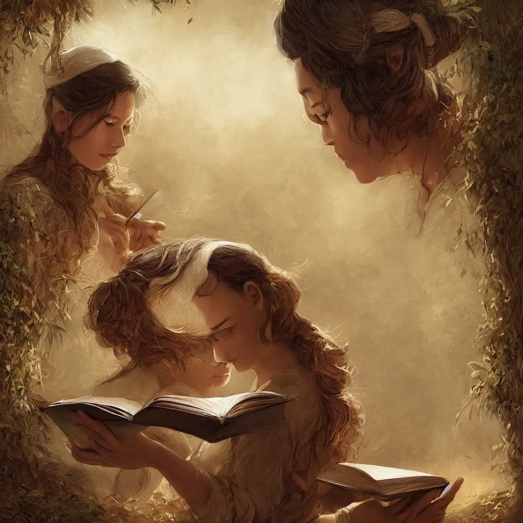 Image similar to village girl reading a book, cinematic, intricate, elegant, highly detailed, digital painting, artstation, concept art, smooth, sharp, focus, illustration, art by artgerm and Johfra Bosschart