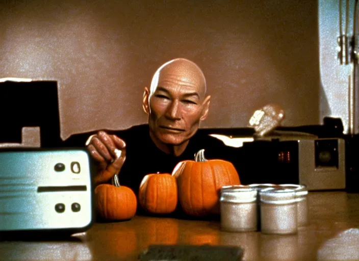 Image similar to a scene from a 1 9 8 2 s halloween iii, patrick stewart is eating from a can of beans, vhs distortion, cathode ray tube distortion, folk horror, hauntology, 8 k, 8 5 mm f 1. 8, studio lighting, rim light, right side key light