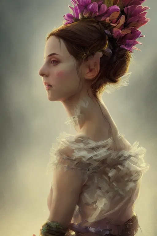 Image similar to portrait, beautiful flower Fairy, face portrait, raphael lacoste, eddie mendoza, alex ross, concept art, matte painting, highly detailed, rule of thirds, dynamic lighting, cinematic, detailed, denoised, centerd