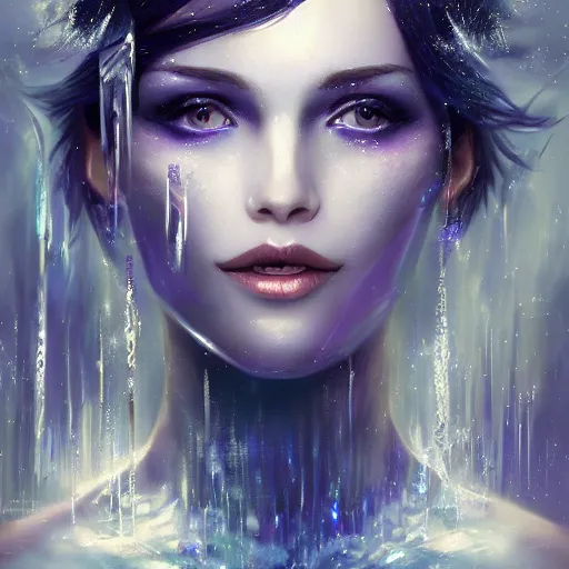 Prompt: masterpiece portrait of an aesthetic beautiful mage woman, ice spell, 3 0 years woman, soft thin face in the light, light eyes, black dynamic hair, wearing silver diadem with blue gems inlays, silver necklace, digital painting by wlop, atmospheric effects, chaotic blue sparks dynamics background, intricate, artstation, fantasy