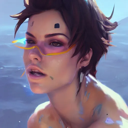 Image similar to portait of tracer in a bikini, hyperdetailed, intricate, very beautiful face, pretty face, by greg rutkowski, wlop, unreal engine 5, trending on artstation