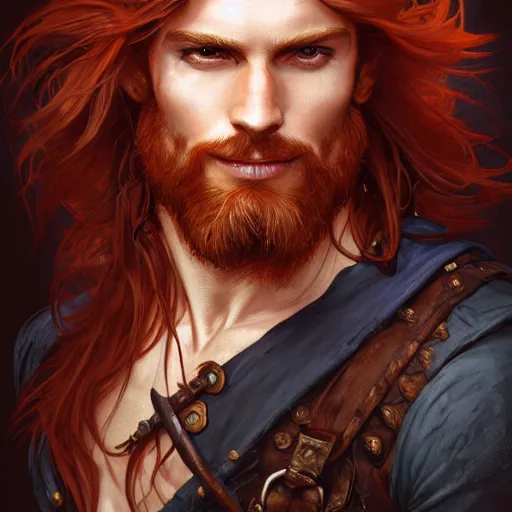 Image similar to portrait of a young ruggedly handsome but optimistic pirate, male, masculine, upper body, red hair, long hair, d & d, fantasy, intricate, elegant, highly detailed, digital painting, artstation, concept art, matte, sharp focus, illustration, art by artgerm and greg rutkowski and alphonse mucha